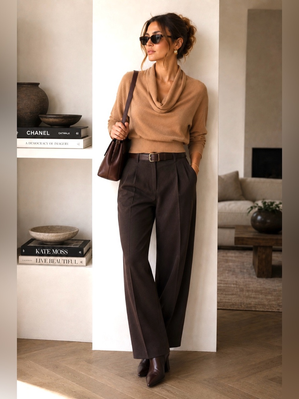 Sophisticated 100% Cashmere Draped Cowl Neck Sweater P Tan Camel Dolman Inhabit